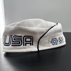 USA Olympic Torino 2006 Roots Fleece Hat White Winter Beanie Adjustable Ski Snow